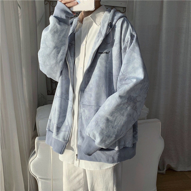 Áo khoác IELGY tay dài dáng rộng màu nhuộm phối khóa kéo thời trang cho cả nam và nữ