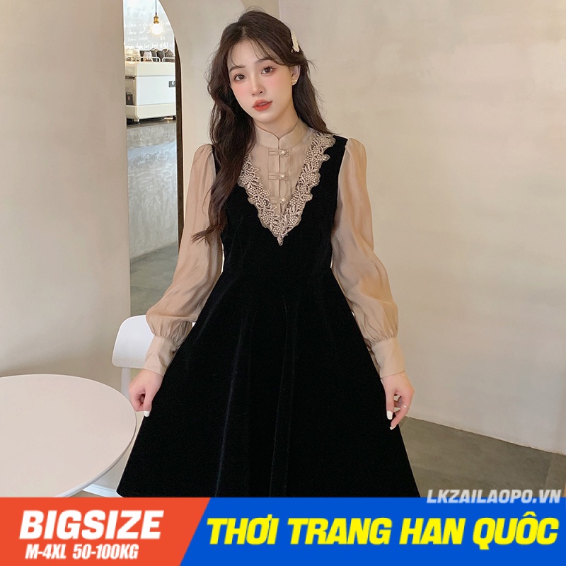 Đầm dự tiệc Bigsize Váy tiểu thư nữ Giả Hai dáng suông tay dài cổ đứng mùa xuân Phong cách Hàn Quốc Thời Trang sang chảnh cá tính xinh đẹp quảng châu cao cấp