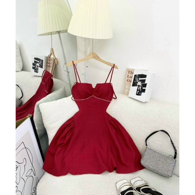 Đầm thời trang nữ mặc đi chơi chất cotton lạnh 2 dây có mút ngực đính đá váy xoè