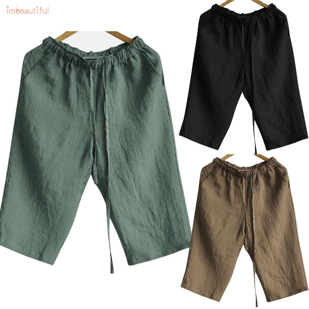 IMBUTFL-Pants Loose Mens Short Pants Shorts Summer Trousers Baggy Cotton Linen-Ready Stock