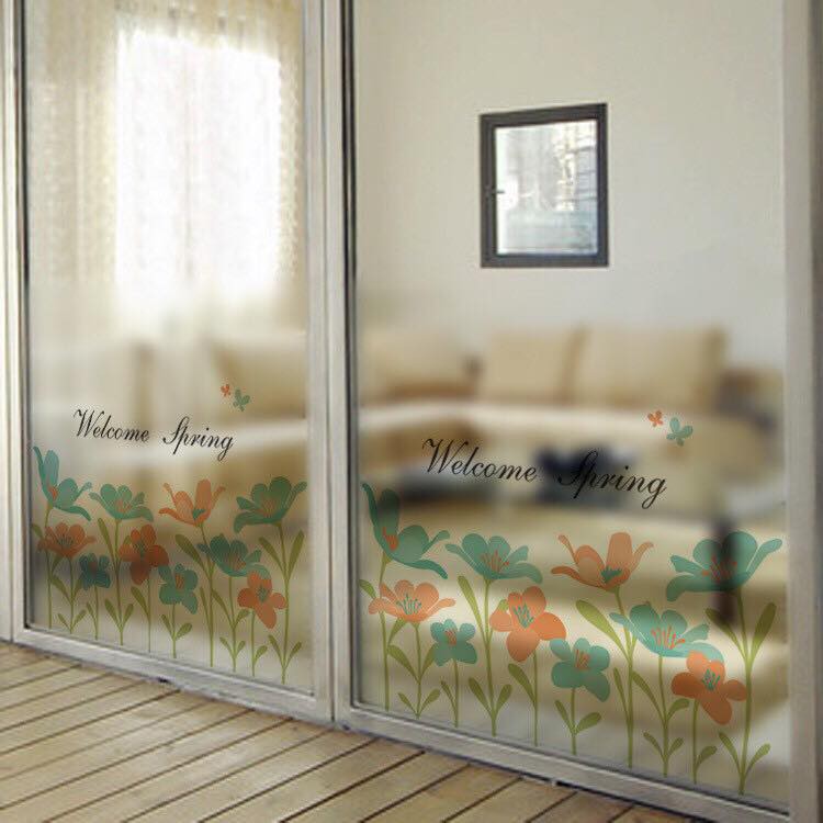 Decal trang trí kính cao cấp mẫu hoa xanh cam ( 60cm x 58cm )