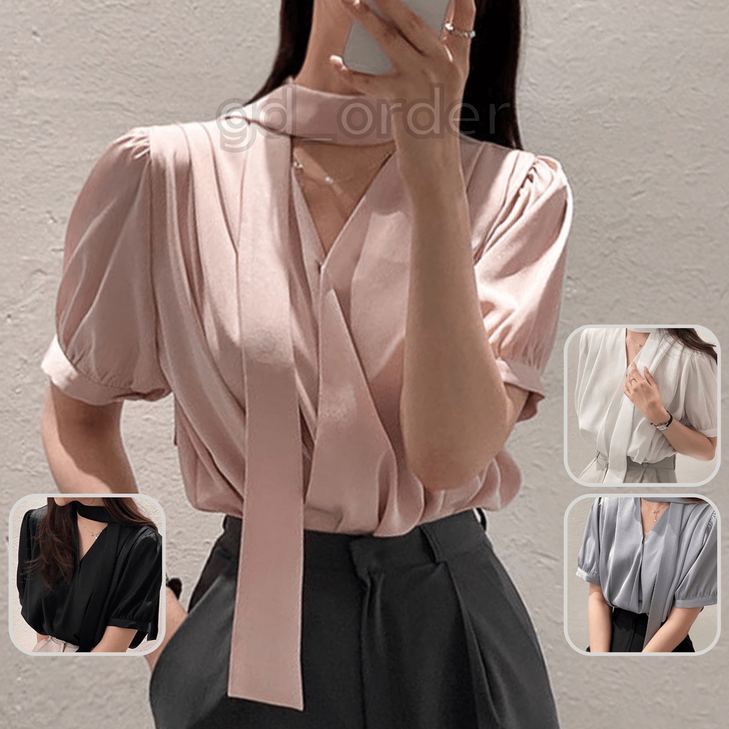 A15|Áo sơ mi nữ công sở kiểu hàn quốc chất lụa cao cấp kèm đai dây cổ gd_order