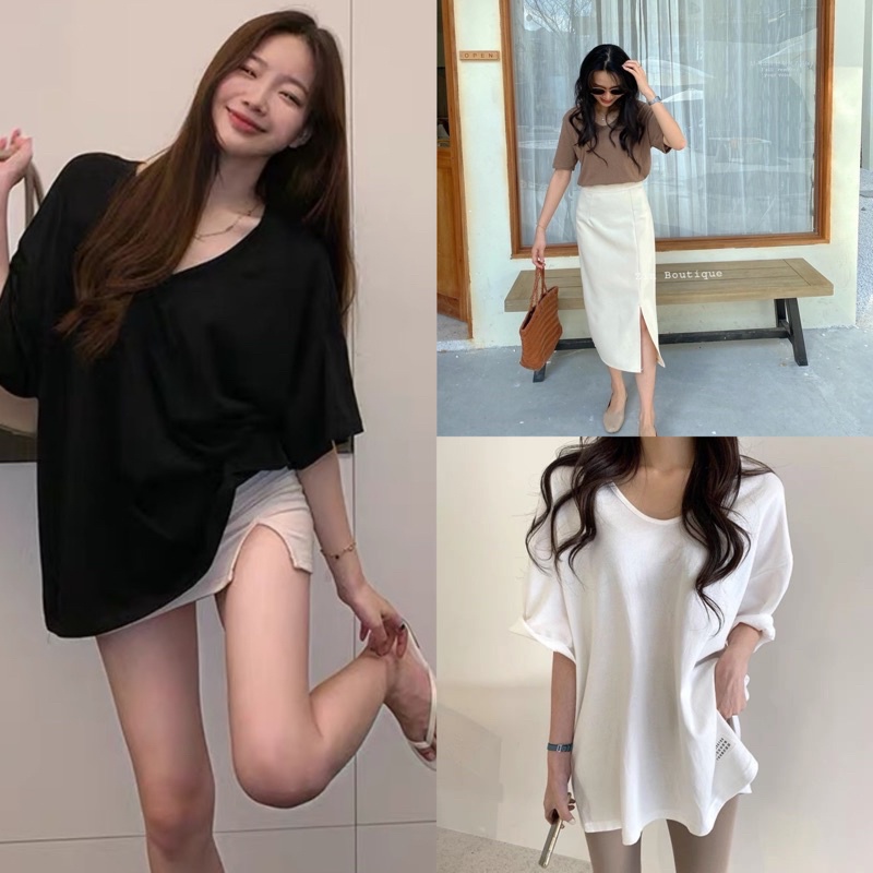 [Ảnh thật/Video]Áo phông nữ vạt tôm dáng mới Áo thun nữ cổ vát form rộng kiểu năng động cá tính