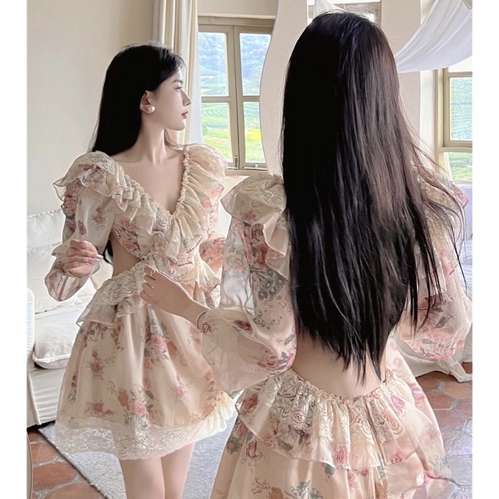 [SẴN VN]HEBE DRESS Đầm voan phối ren cổ V khoét eo tay bồng hoạ tiết hoa nhẹ nhàng nữ tính ulzzang SAM SAM BOUTIQUE