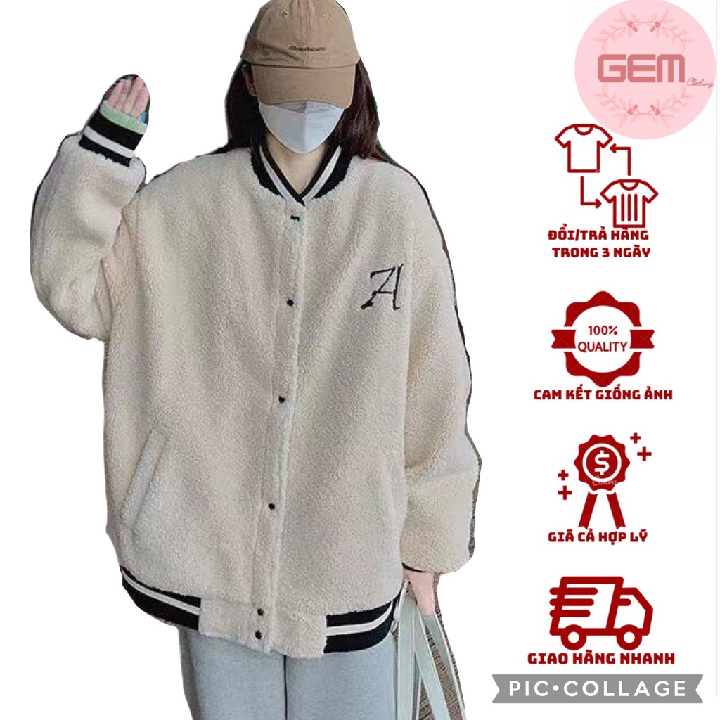 Áo khoác bomber bóng chày nam nữ lông cừu form rộng unisex phong cách Hàn Quốc🌸 Áo bomber nữ ulzzang họa tiết chữ A