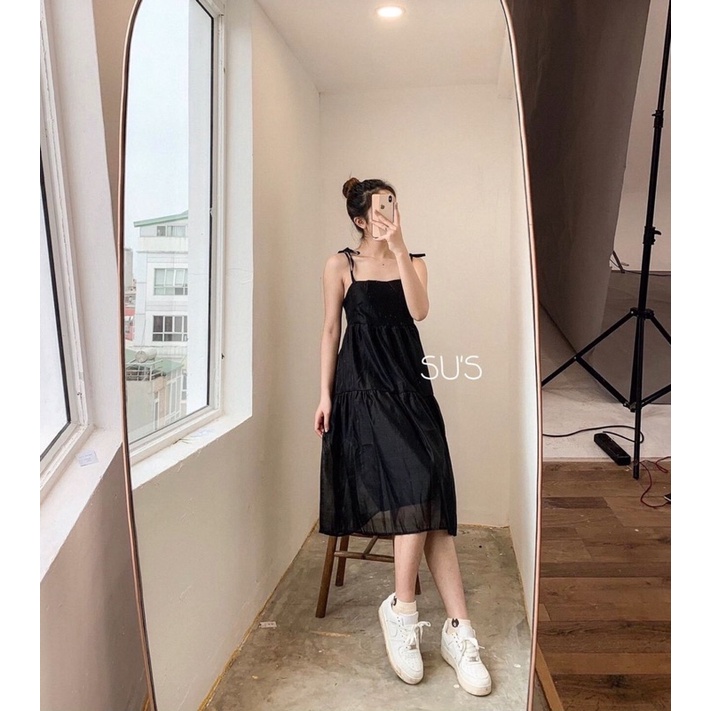 [Ảnh thật/Video]Váy 2 dây babydoll voan tơ buộc dây vai dáng xoè xếp tầng cực xinh