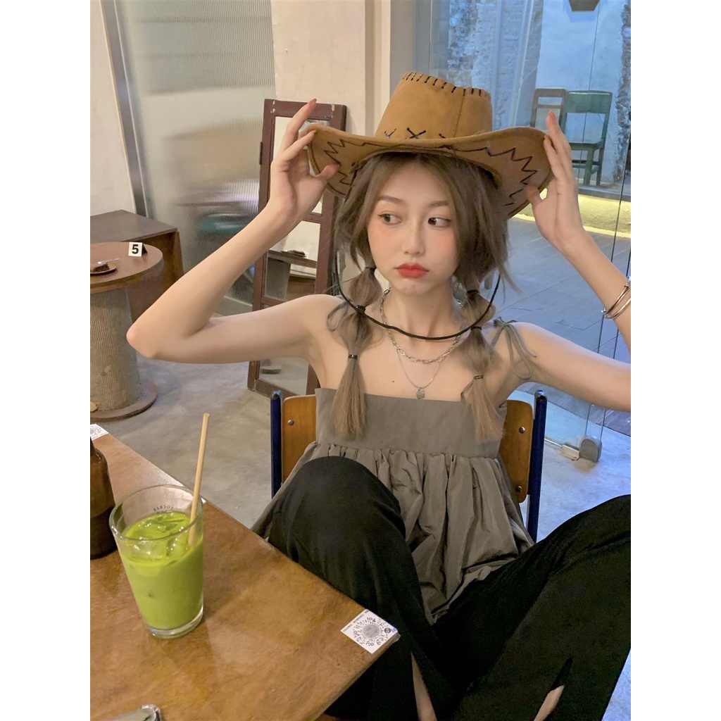 Áo hai dây phồng màu trơn thời trang mùa hè 2021 dành cho nữ