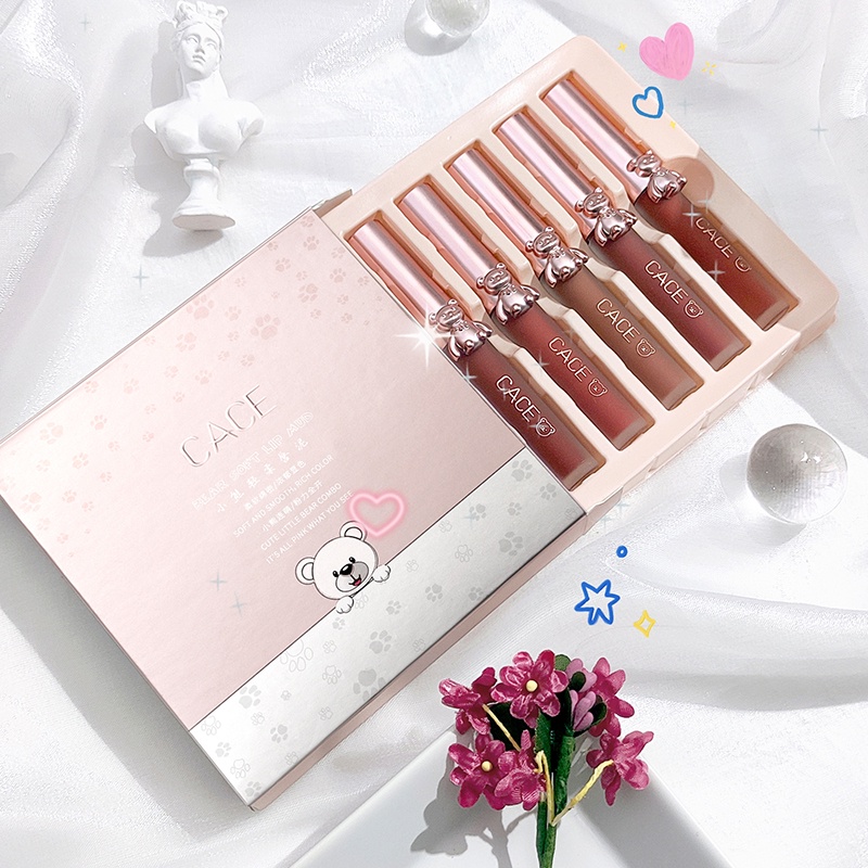 QIBEST X Little Bear Velvet Lip Glaze 5 pcs/1.5g Gift Set Matte Mud Lipstick Lips Tint Waterproof Long Lasting High Pigmented | BigBuy360 - bigbuy360.vn