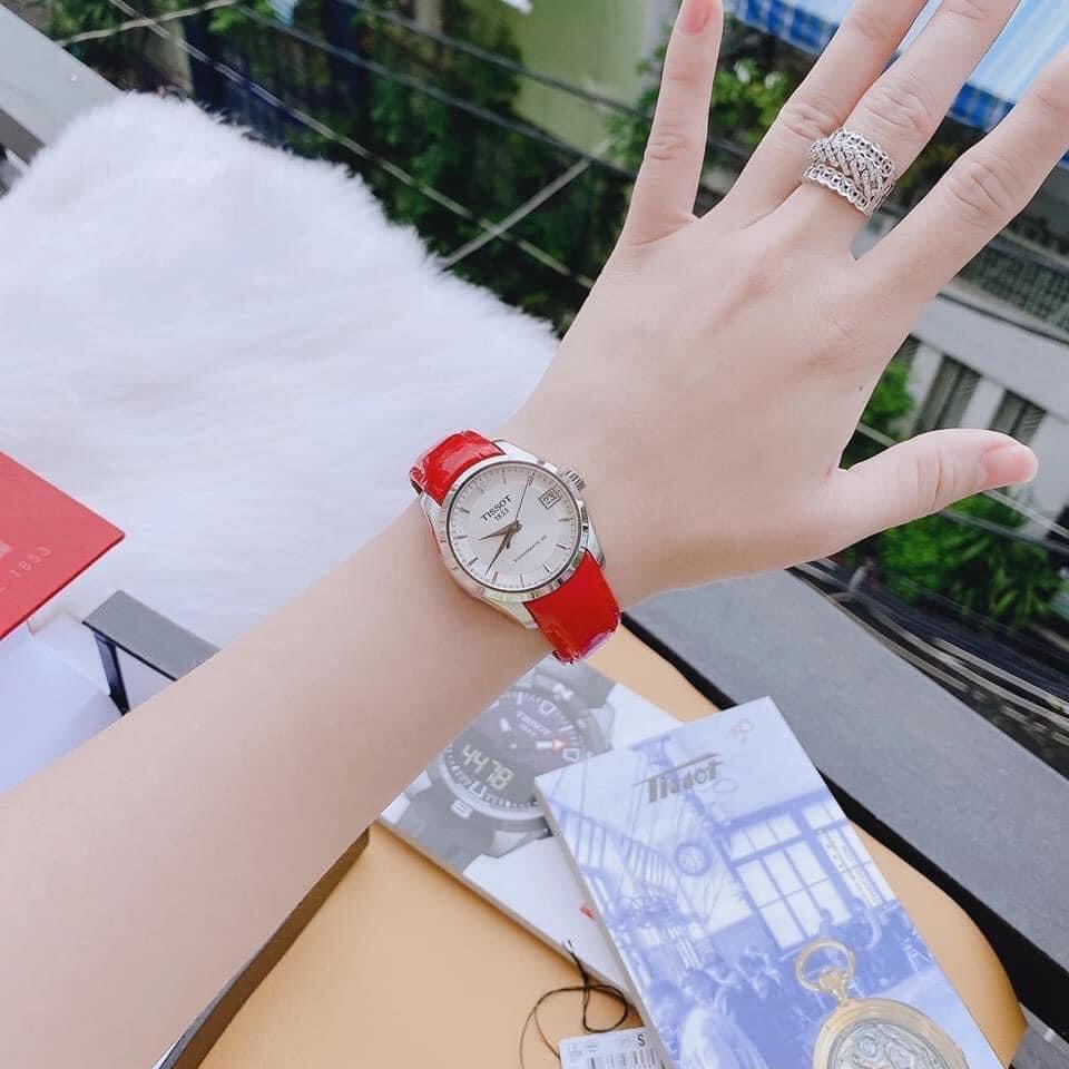 Đồng hồ Nữ chính hãng Tissot 1853 Couturier Powermatic T035.207.16.031.01 Size 32,Mặt trắng,Lịch ngày-Máy cơ-Dây da đỏ