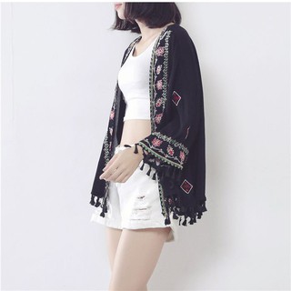 Áo kimono lửng thổ cẩm thêu