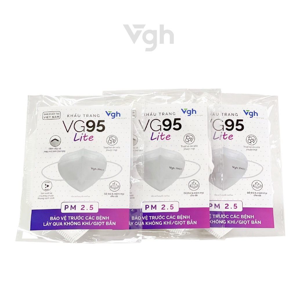 Khẩu trang VG95 Lite 3 lớp thiết kế 3D tiêu chuẩn KN95 kháng khuẩn - Chính hãng VG Healthcare - Đóng túi 1 chiếc