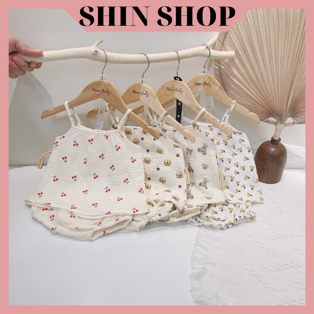 Bộ 2 dây bé gái vãi xô Muslin họa tiết hoa nhí siêu xinh, set bộ cho trẻ mặc hè Shinshop QA25