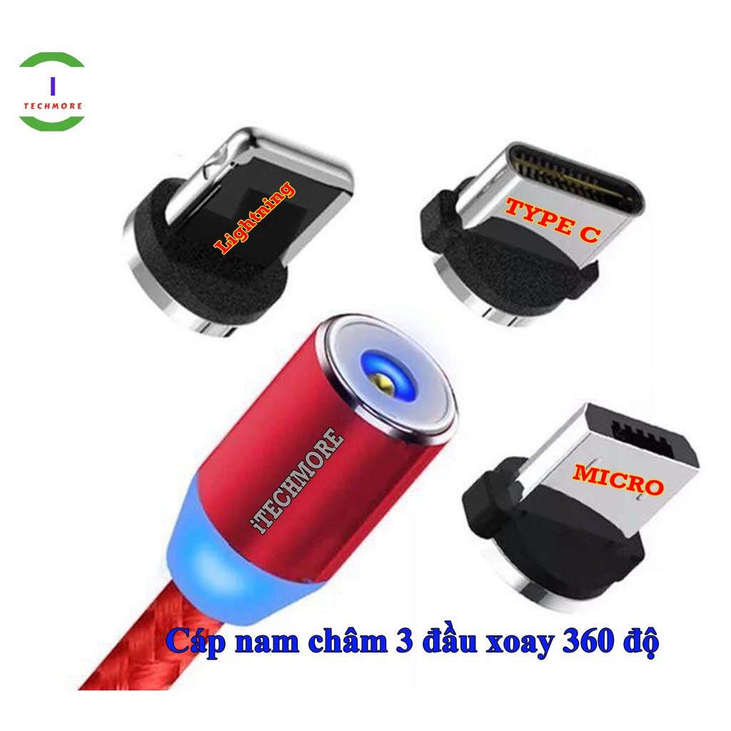 Cáp sạc nam châm 3 đầu Xoay 360 độ, thiết kê 3 đầu sạc Micro usb, Type C, Lightning, phù hợp cho nhiều loại điện