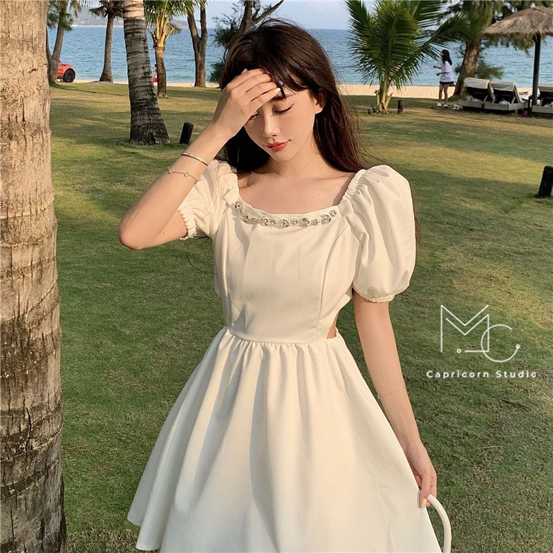 Váy/ Đầm thiết kế cổ vuông tay phồng phong cách Hàn Quốc Ulzzang cực xinh