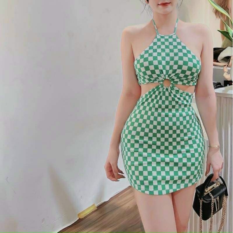 Đầm body đầm cổ yếm caro xinh xắn hai màu xanh đen (Giá sỉ) Lissa 051