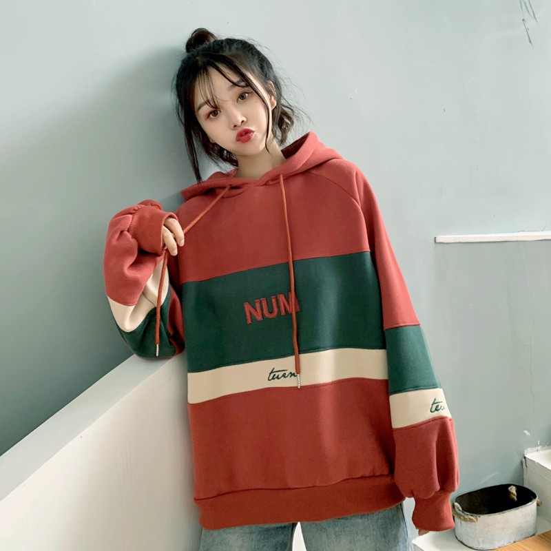 Áo hoodie nữ dày khoang màu kết hợp phong cách học sinh Hàn Quốc