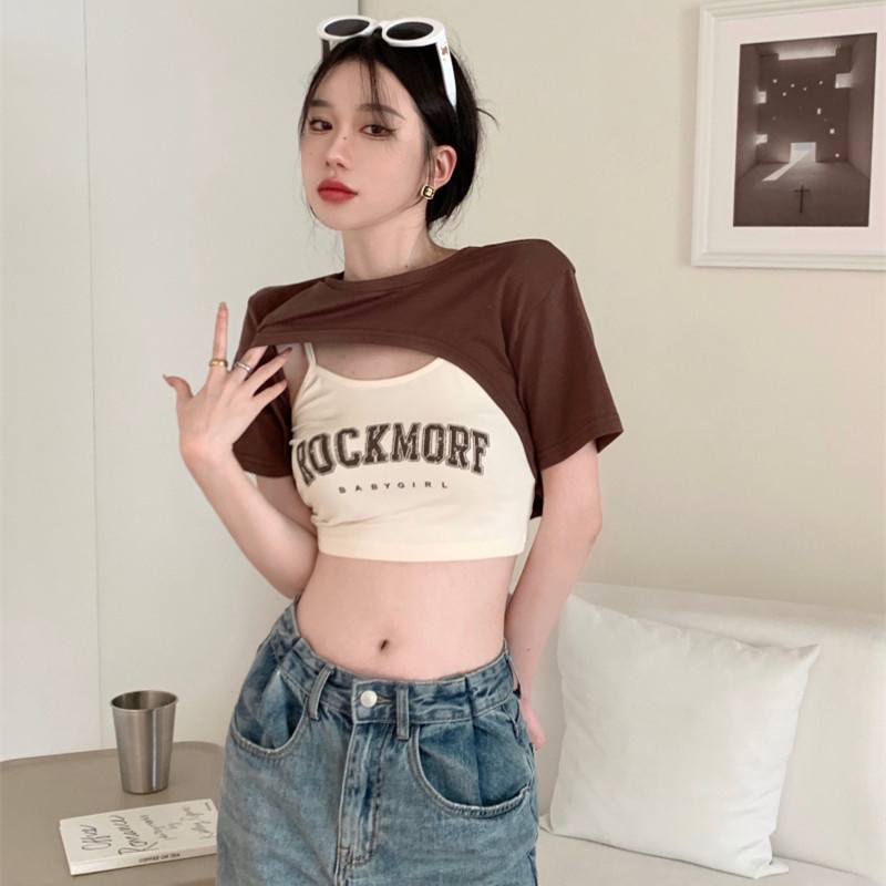 Set Áo Thun Ngắn Tay Màu Nâu + Áo Yếm Hai Dây In Chữ Thời Trang Cho Nữ