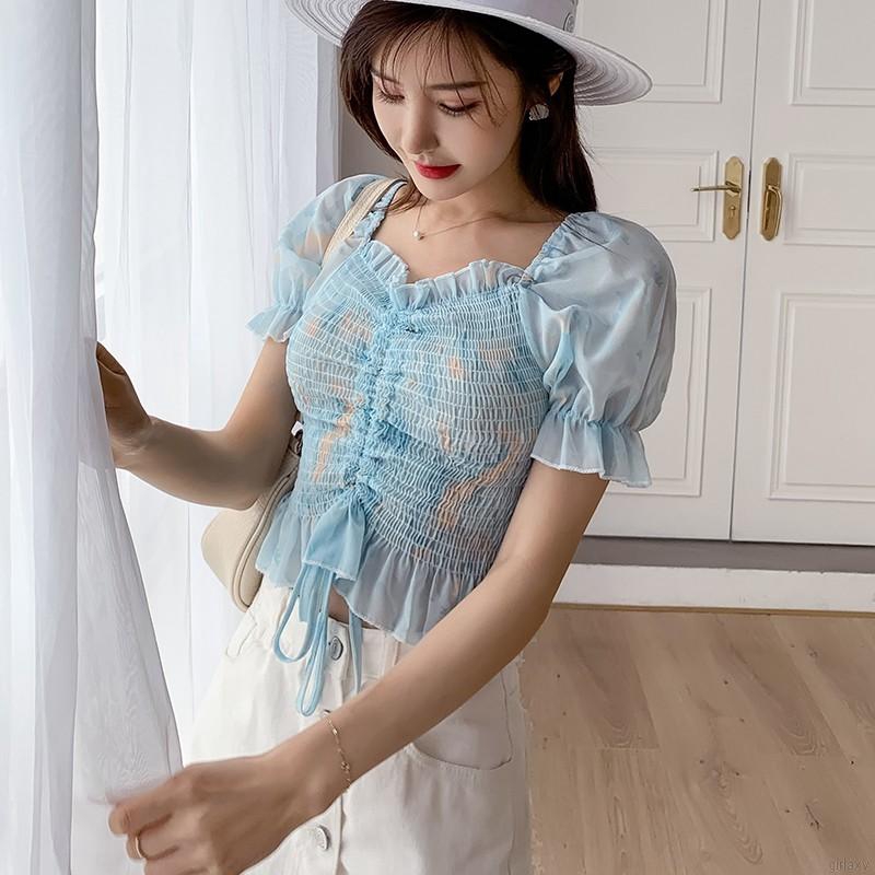 Áo Chiffon Cổ Vuông Xếp Ly Quyến Rũ Thời Trang Hàn Quốc Cho Nữ