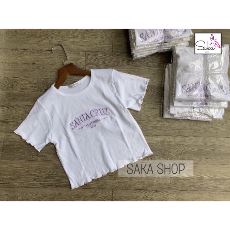 Áo croptop nữ tay ngắn thun cuốn biên thêu chữ màu tím sake dễ thương
