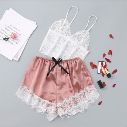 Bộ ngủ 2 dây lụa mịn phối ren - Cam kết hàng đẹp Quảng Châu - Quần hông cao sexy quyến rũ