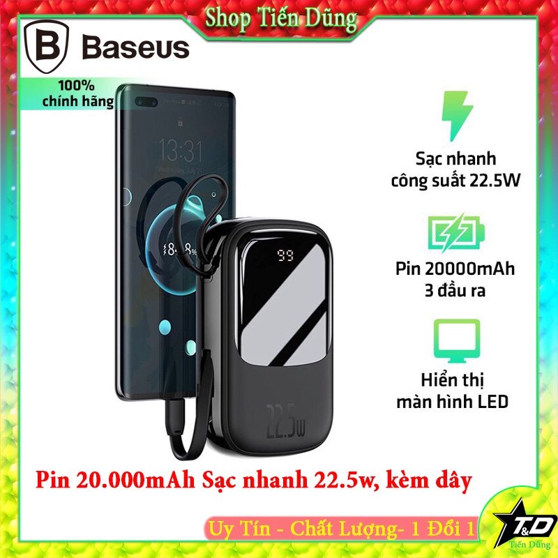 Sạc Dự Phòng Baseus 20000mAh Qstore, Pin Dự Phòng Baseus Qpow Digital Display 22.5W, Sạc Nhanh, Kèm Dây Sạc Type-C 5A