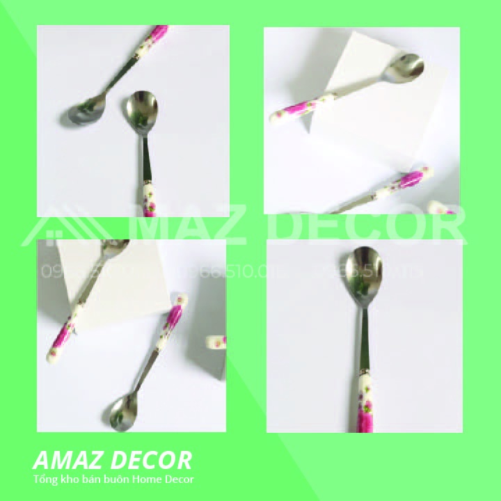 [Sỉ] Một chiếc thìa nĩa cán sứ inox hoa đẹp cao cấp dày dặn giá rẻ