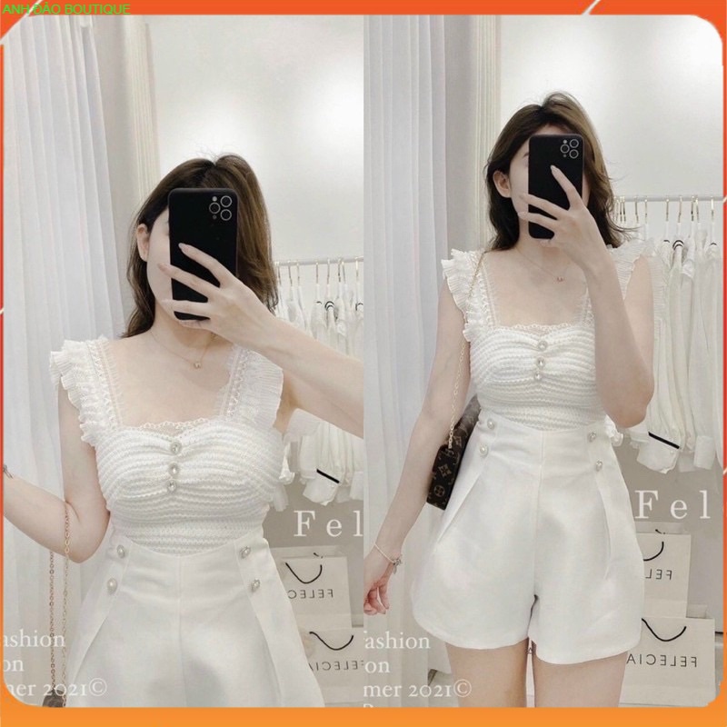 Áo ren băng quấn khuy đá hai dây cao cấp QC loại I V00509 màu trắng đen AĐ BOUTIQUE