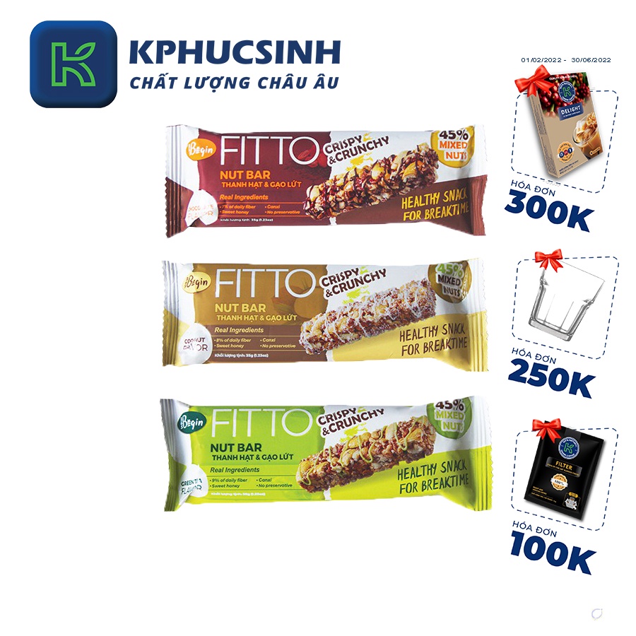 Combo 3 thanh năng lượng Fitto Begin 365 socola, trà xanh, dừa bánh ăn kiêng giảm cân KPHUCSINH - Hàng Chính Hãng