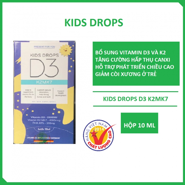 DHA Kids Drops D3 K2MK7 vị dừa 10ml bổ sung DHA, Vitamin D3 và K2 giúp phát triển chiều cao,giảm còi xương ở trẻ