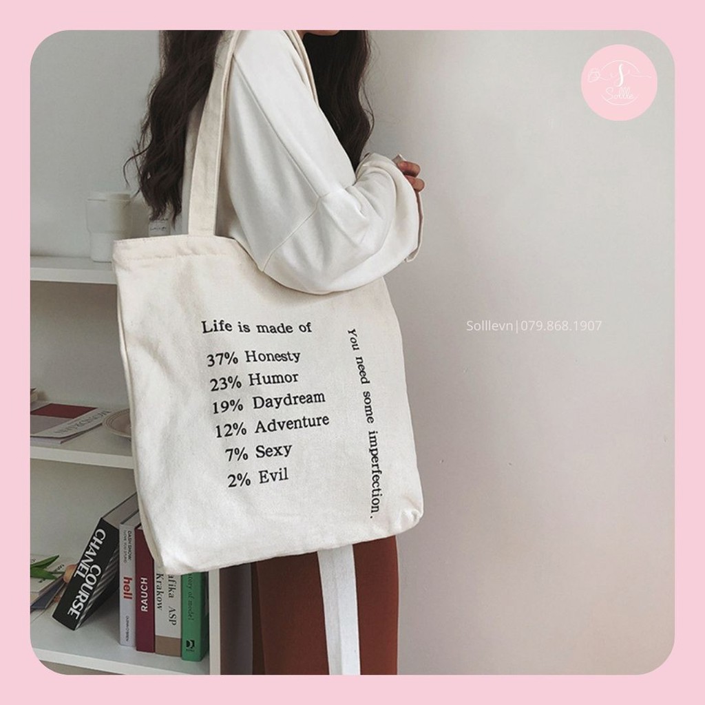 Túi tote Sollle vải canvas chữ Life, túi ulzzang vải bố mộc không nhuộm hóa chất - TO02