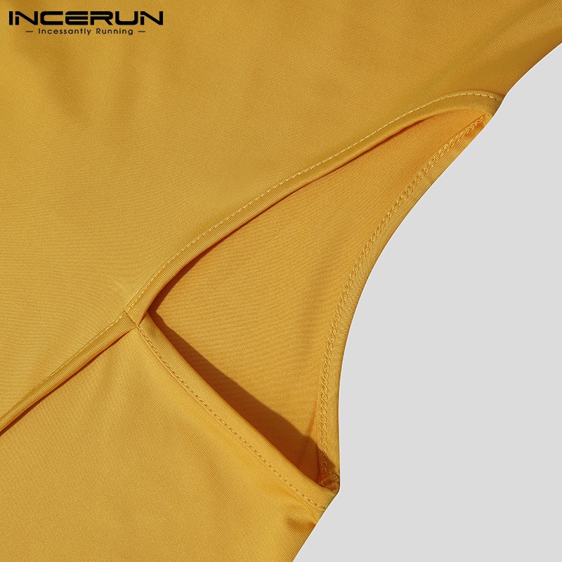 Bộ áo liền quần INCERUN không tay cổ chữ v sâu khoét lỗ hở dáng ôm vừa vặn màu trơn thời trang cho nam