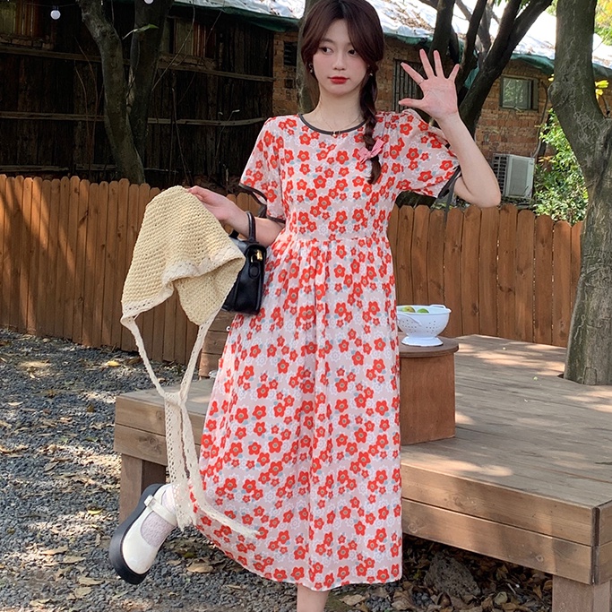 Đầm midi SUXI tay ngắn cổ tròn in họa tiết hoa phong cách cổ điển thời trang mùa hè xinh xắn cho nữ