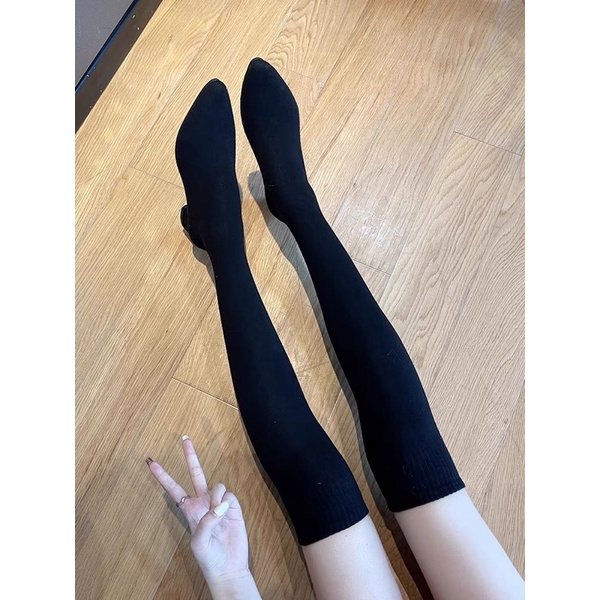 Boots đùi len mũi nhọn gót cao cao 5cm phong cách ulzzang | BigBuy360 - bigbuy360.vn