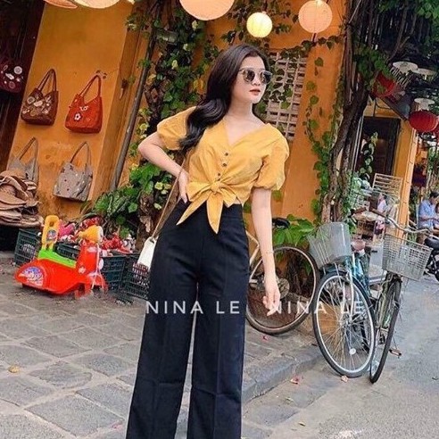 Set Áo Kiểu Cổ V thắt nơ eo quyến rũ, quần Culottes dài ống rộng phong cách, SET ÁO THẮT NƠ