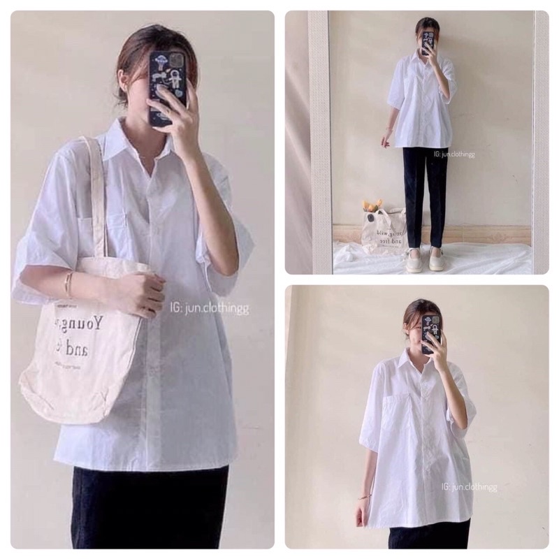 Áo sơ mi tay lỡ dáng rộng unisex freesize 38-65kg