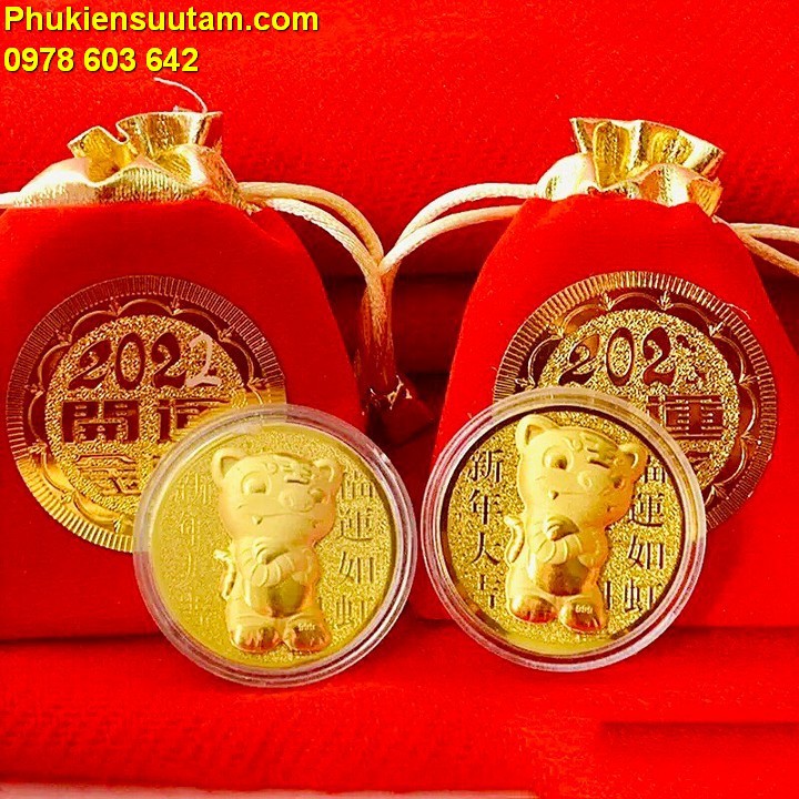 Đồng Xu Hình Con Cọp CUTE Tặng Túi Gấm 2022; Kích thước của túi gấm là 9x7cm (Dài x Rộng)- SP005406