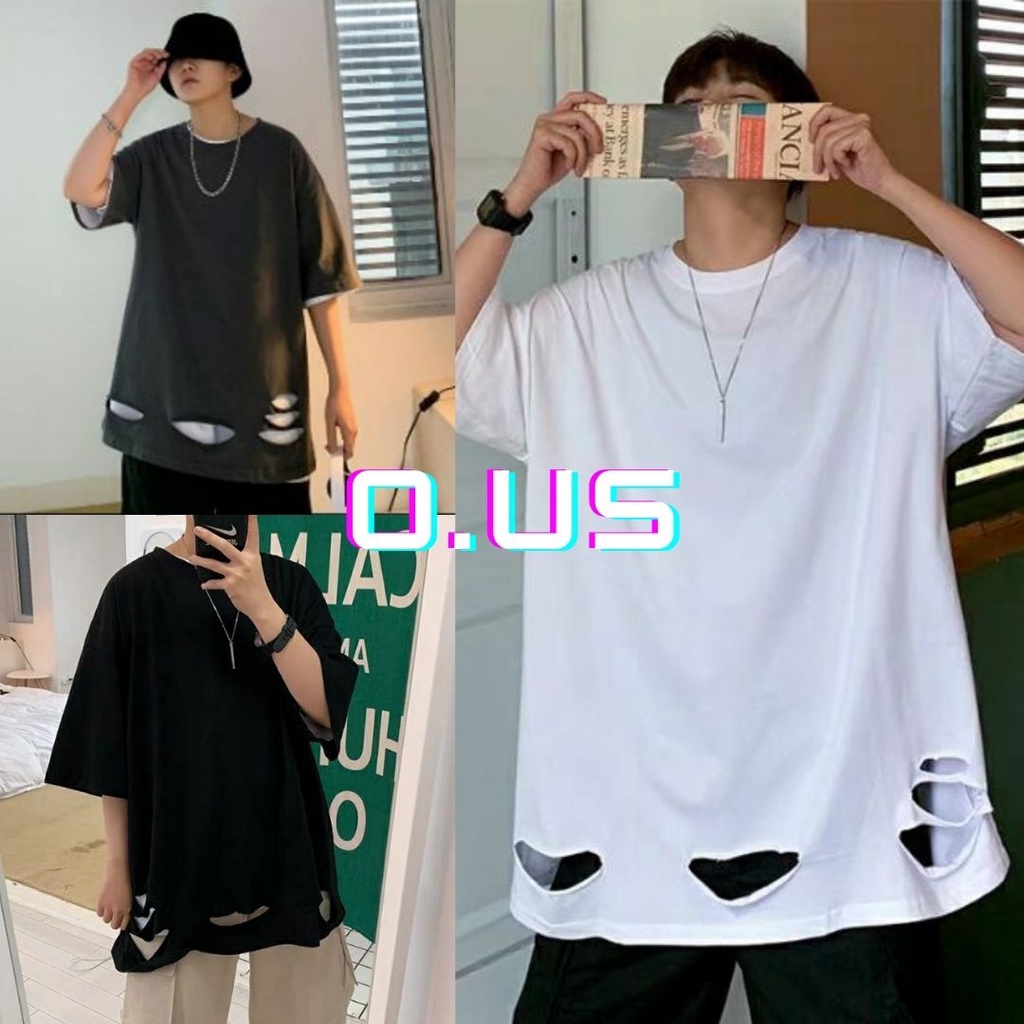 (Sẵn đen, trắng) Áo thun tay lỡ unisex nam nữ rách gấu layer