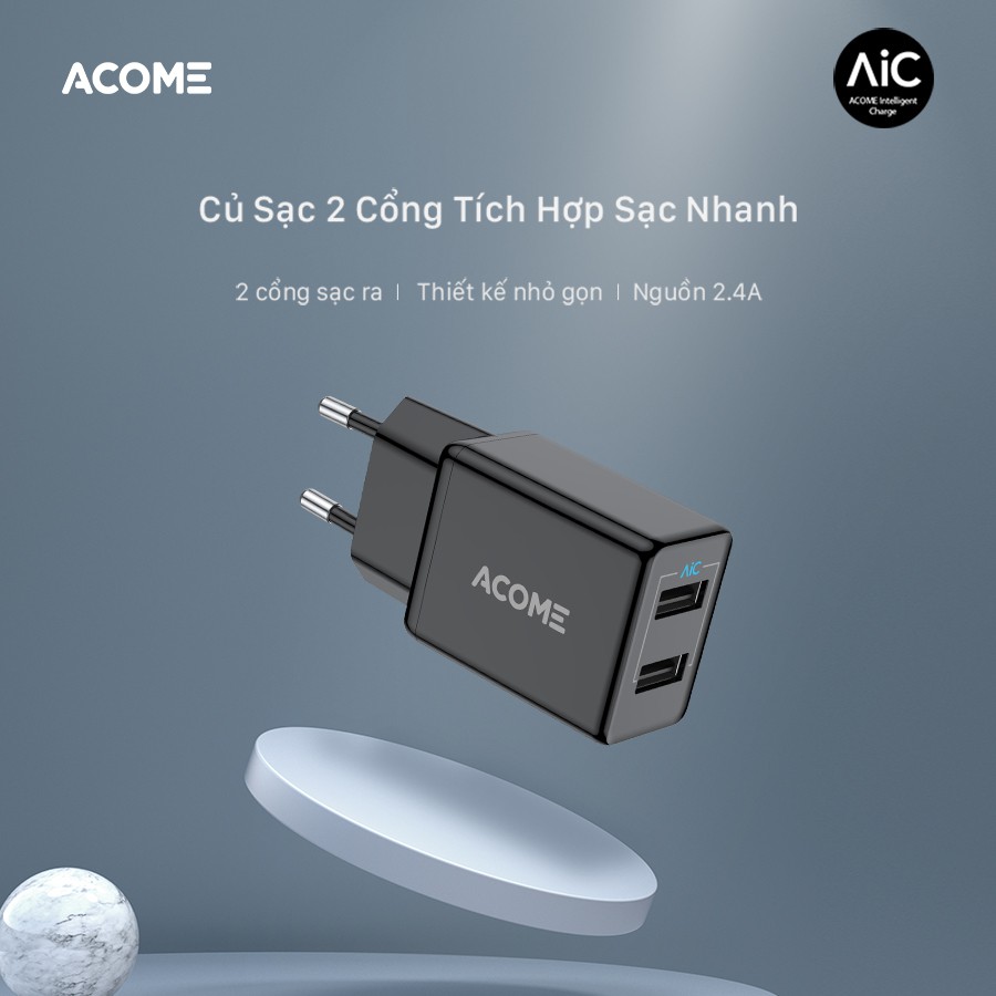 Cốc Sạc Củ Sạc ACOME AC03 2 Cổng USB Sạc Nhanh 2.4A Tương Thích Với Các Dòng Điện Thoại Android iOS - BẢO HÀNH 1 ĐỔI 1