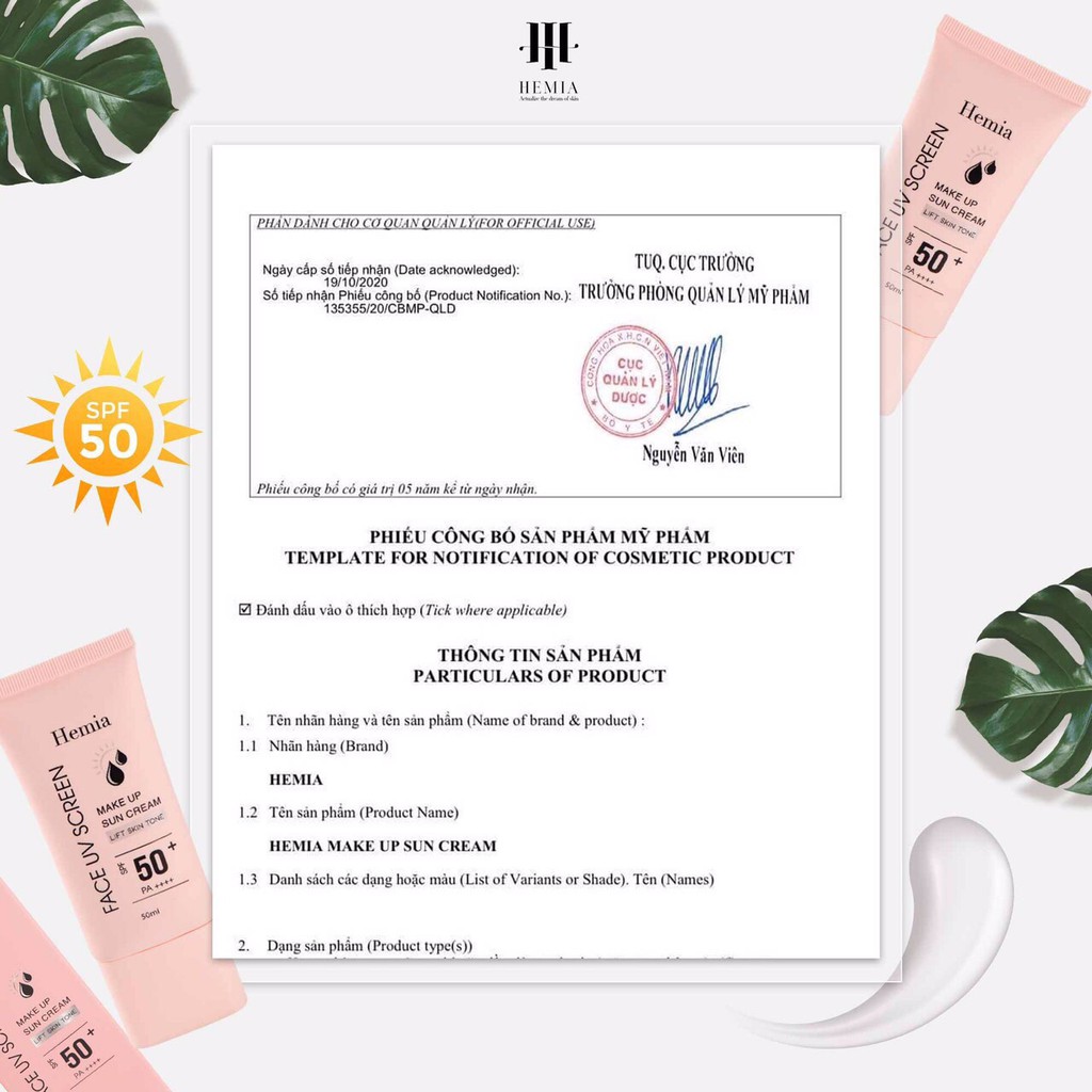 Kem Chống Nắng Hemia Dành Cho Mặt SPF 50+ Dưỡng Trắng Da, Kiềm Dầu, Dùng Được Cho Cả Da Mụn, Da Khô Da Thường Hàn Quốc