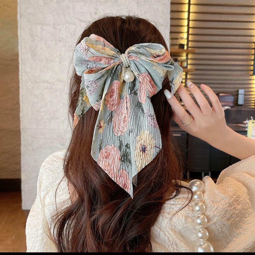 Kẹp Tóc Đính Nơ Họa Tiết Hoa Phong Cách Hàn Quốc Xinh Xắn