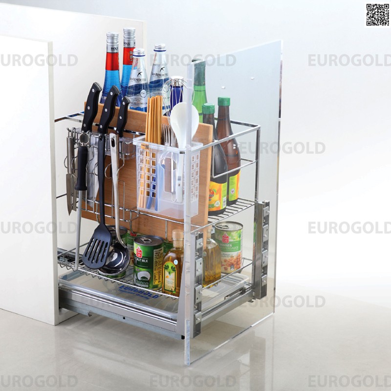 Giá để dao thớt, chai lọ nan vuông mã ERO-B bằng chất liệu Inox mạ Crome bóng cùng với ray giảm chấn của hãng Eurogold | BigBuy360 - bigbuy360.vn