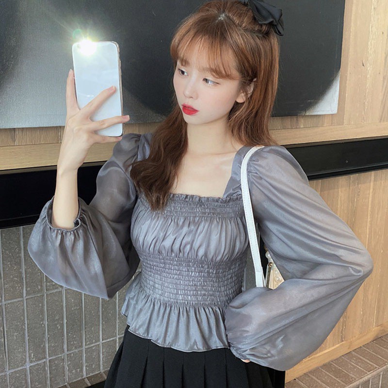 Áo Kiểu Chất Chiffon Tay Ngắn Thiết Kế Cổ Vuông Thanh Lịch