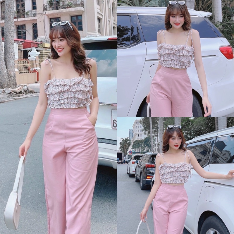 SET ÁO 2 DÂY HOA XẾP LY, QUẦN XUÔNG