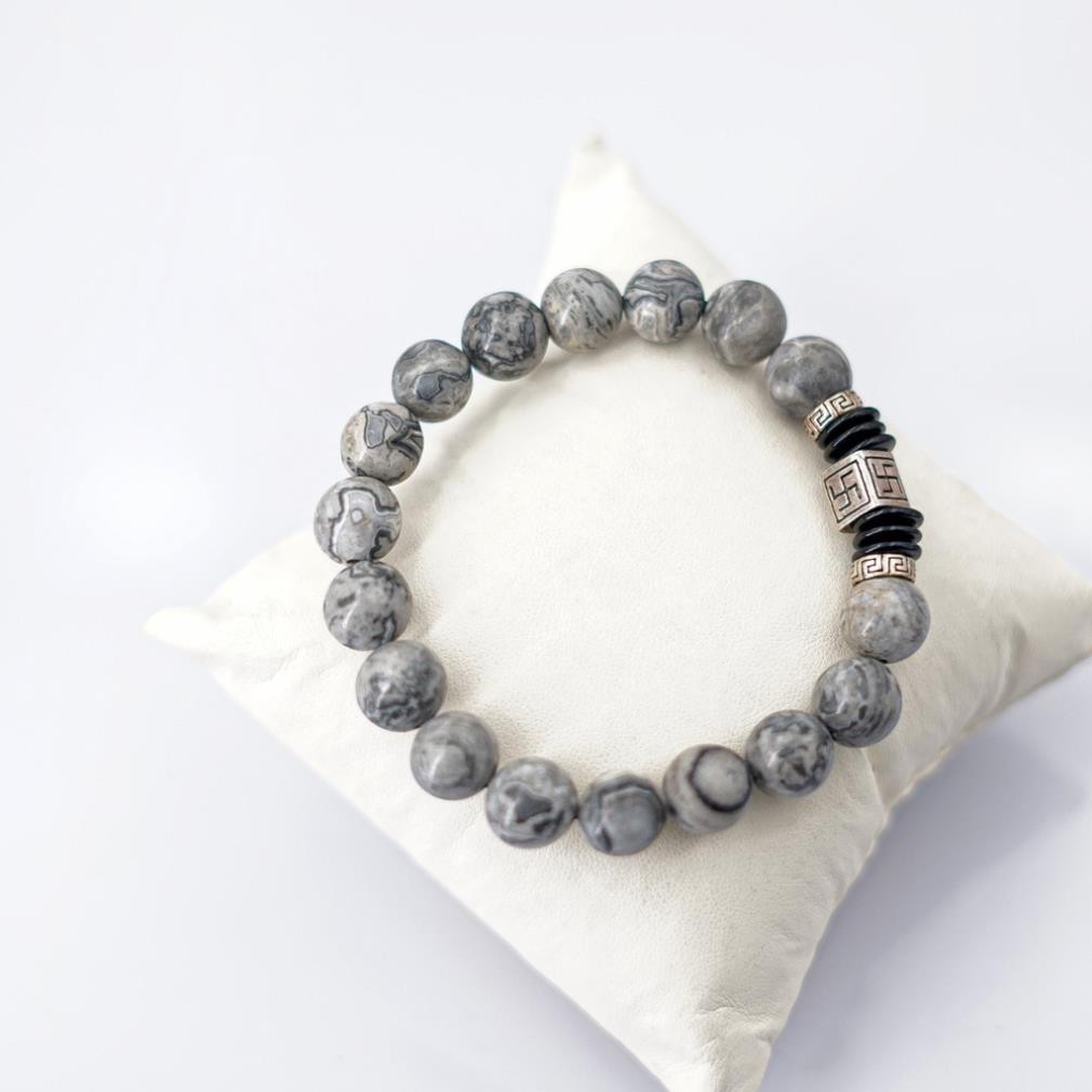 Vòng tay nam Grey Jasper 10mm + Charm Vạn - Chế tác tự nhiên - Thương hiệu Anqlo - Vòng tay phong thủy tốt cho sức khỏe