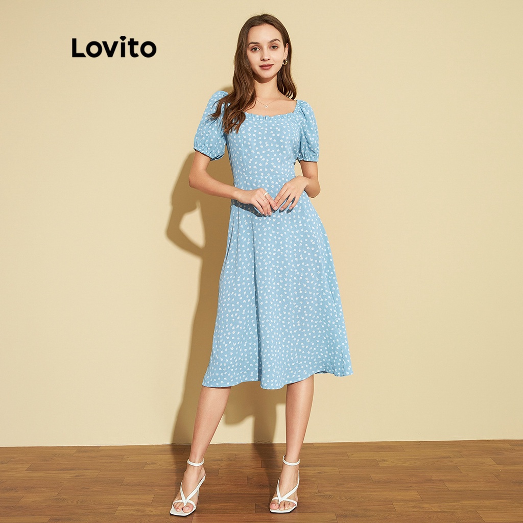 Đầm Lovito xếp nếp tay áo phồng xẻ tà họa tiết hoa phong cách thanh lịch L25ED083 (màu xanh nhạt)