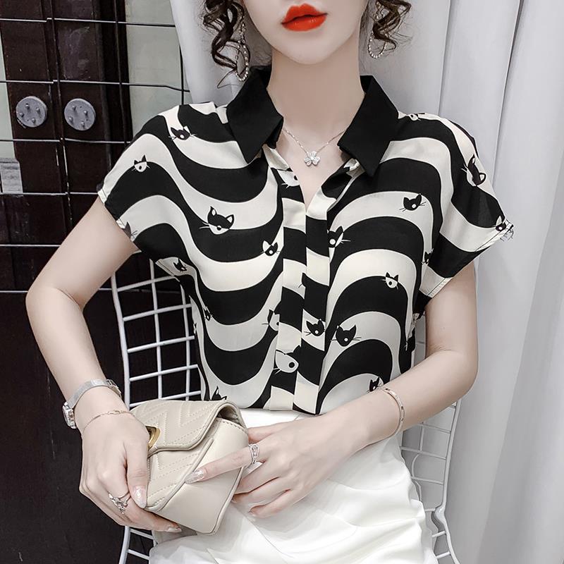 Áo Thun chiffon Ngắn Tay Họa Tiết Kẻ Sọc Thời Trang Mùa Hè Dành Cho Nữ Trung Niên