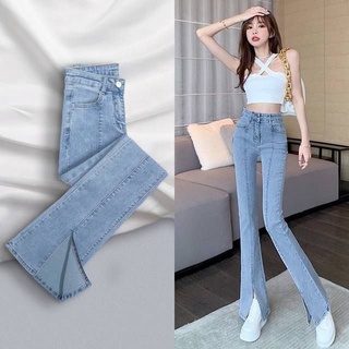 Quần jean nữ mỏng ống loe lưng cao xẻ tà mới