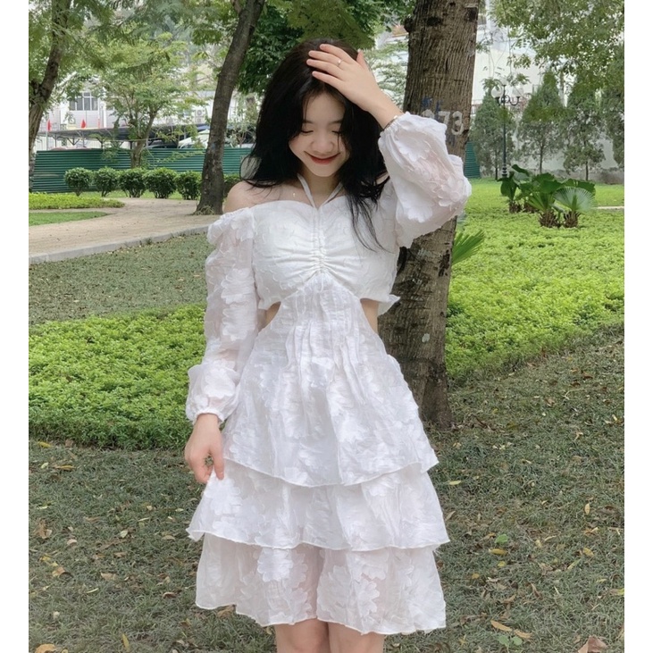 ĐẦM-VÁY TRẮNG HỞ LƯNG *SWAN* VẢI GẤM QUAI CỔ  VÁY THIÊN NGA CÔNG CHÚA