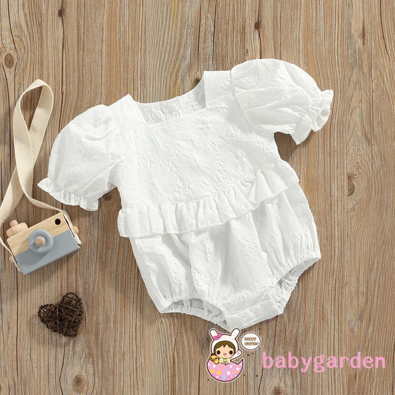 BABYGARDEN-0-24month Baby Girl Summer Jumpsuit, Puff Short Sleeve Square Neck Solid Lace Jacquard Ruffle Bodysuit