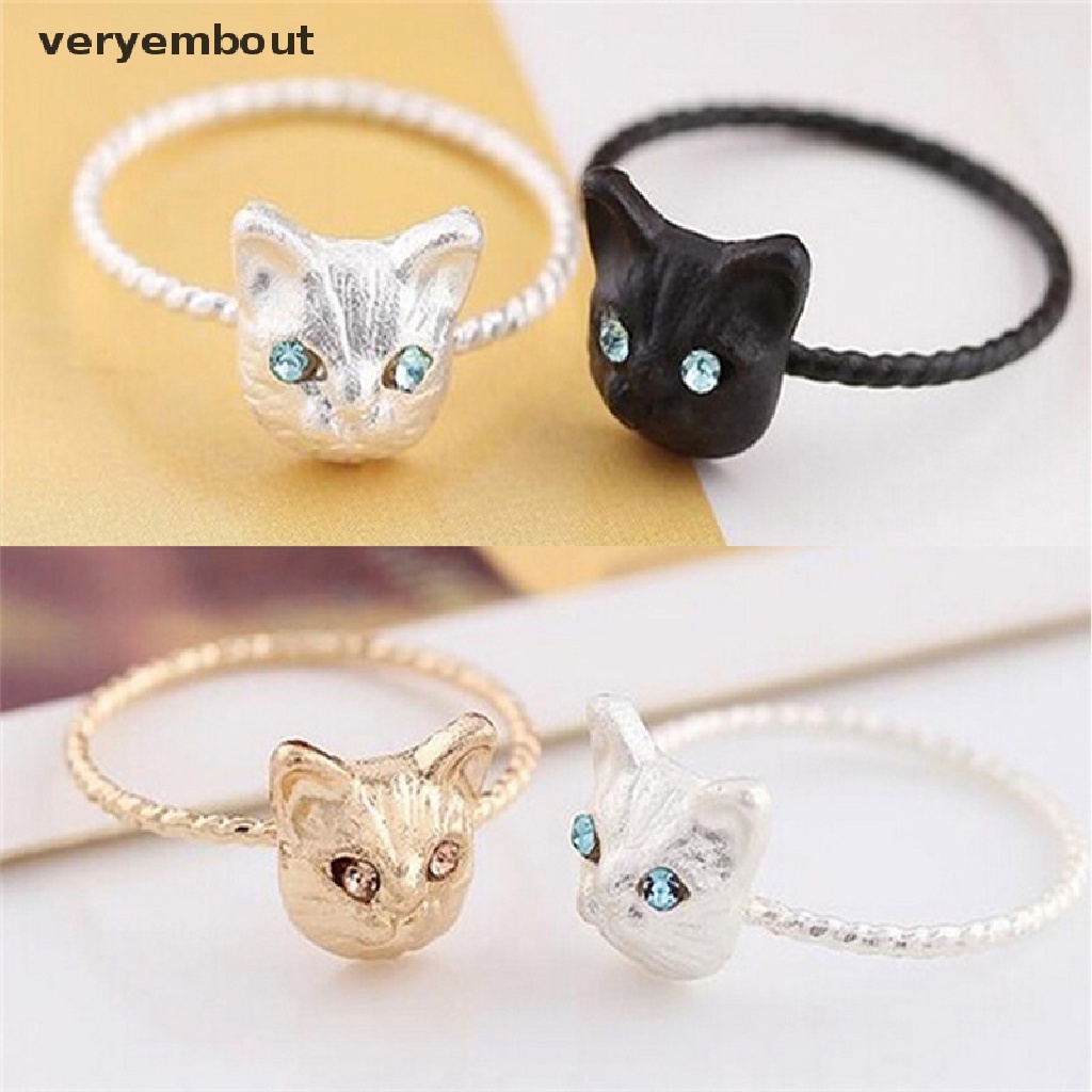 ut 1Pc Women Mini Lovely Cat Shaped Ring Rhinestone Studd Ring Black Gold Silver n